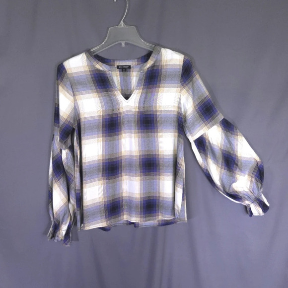 Blu Pepper Plaid Tunic Blouse Size Medium Lantern Sleeve Notch Neck Boho Western - Picture 1 of 8